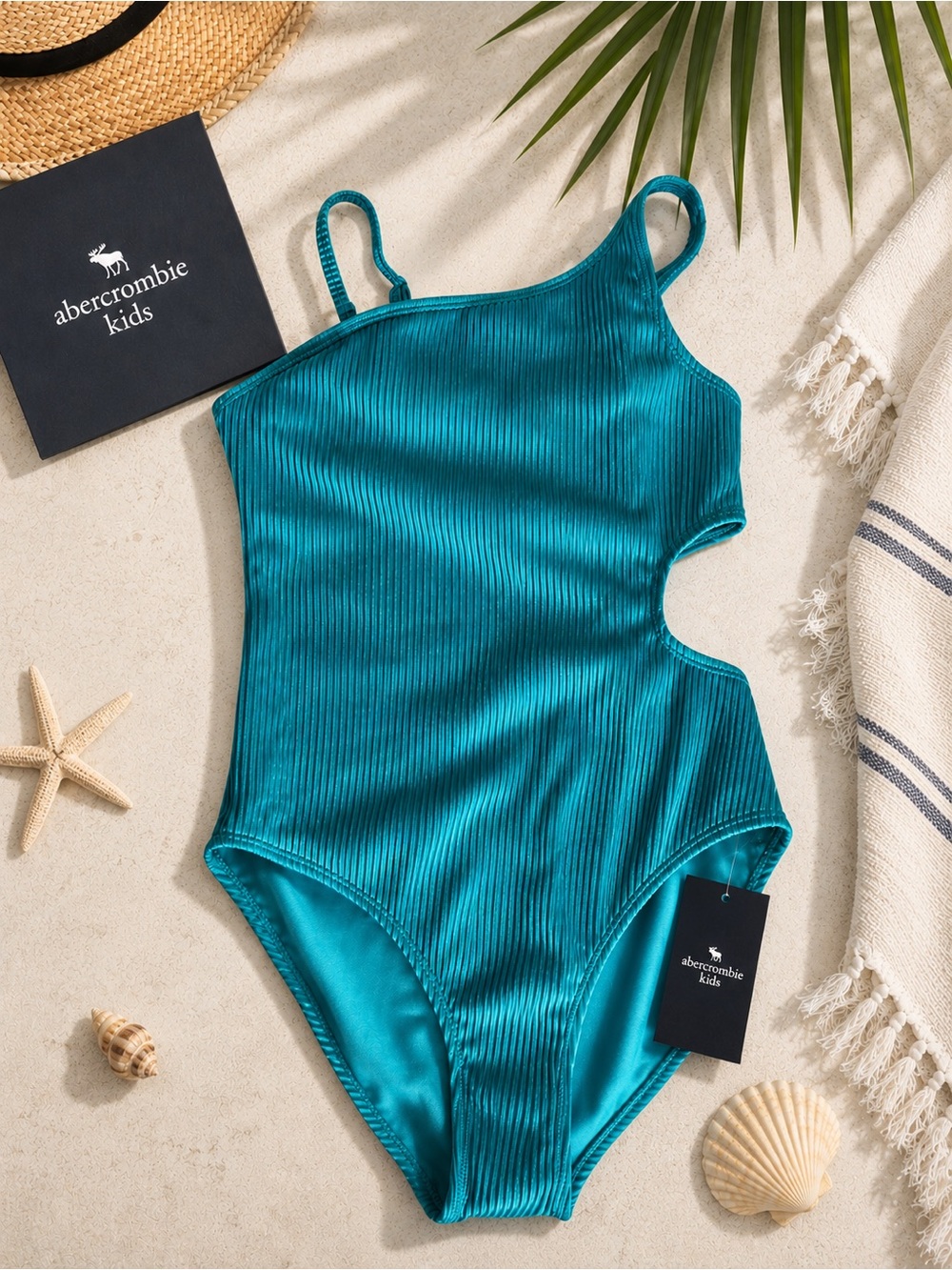 Abercrombie Kids Swimwear One-Shoulder Swimsuit Ribbed Cut Out Teal Size 11/12
